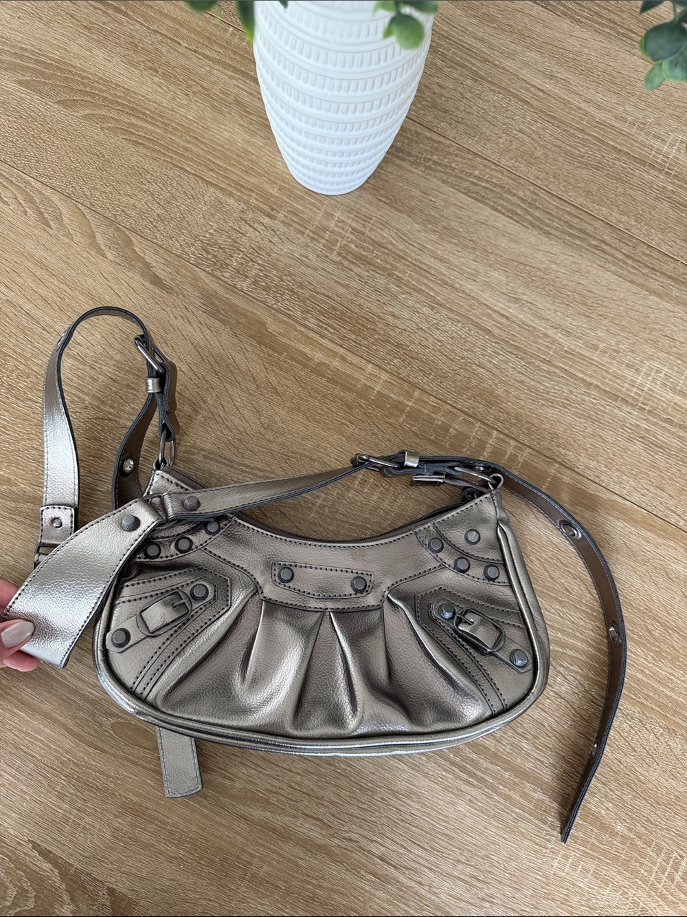 Metallic Silver Pleated Shoulder Bag